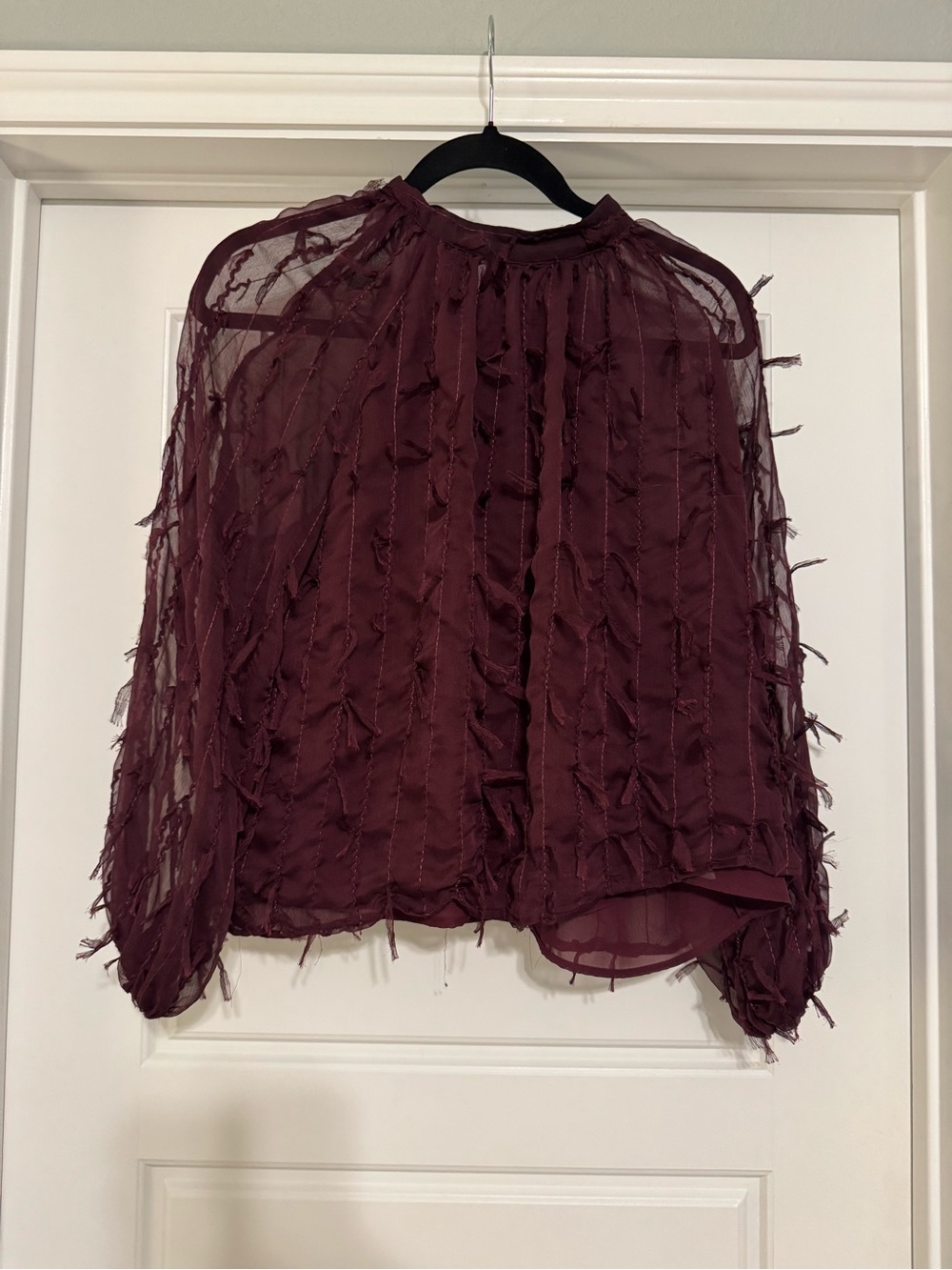 Sheer Textured Long-Sleeve Blouse with Mother of Pearl Buttons - Dark Purple